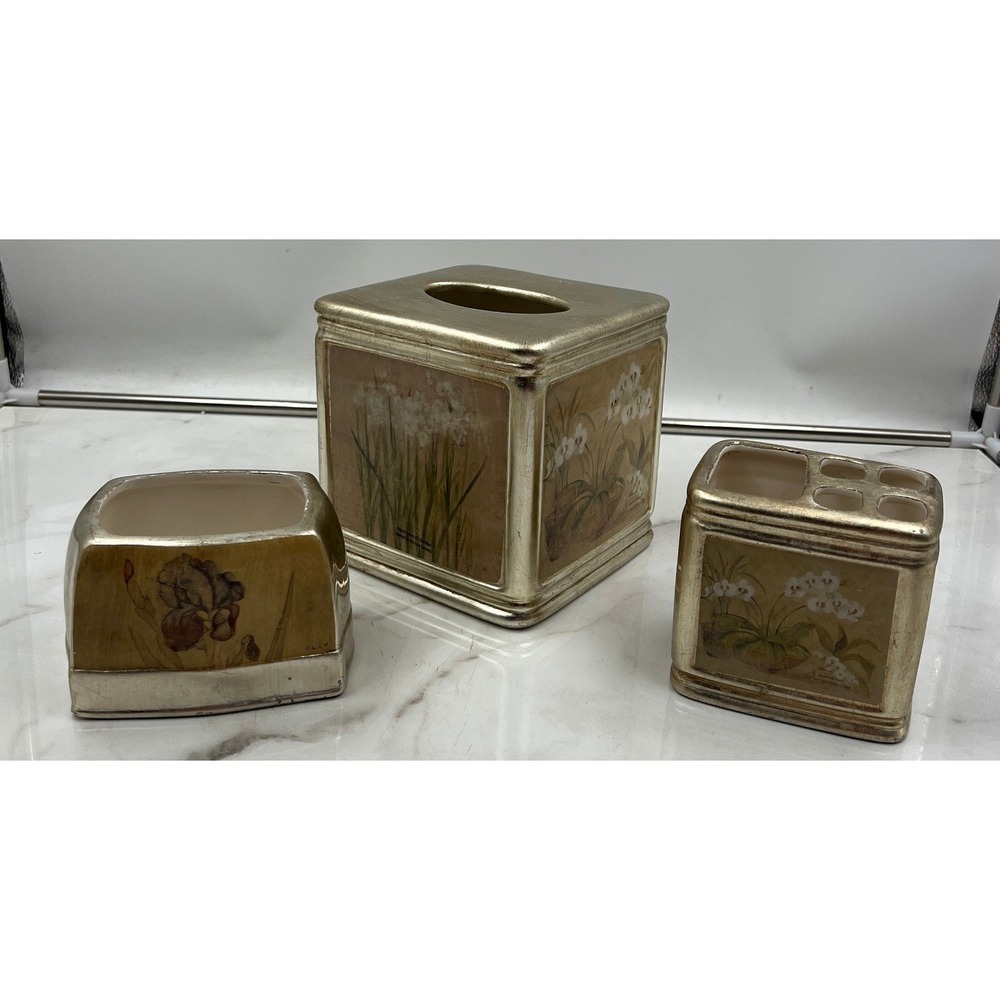 Croscill Home Orchids & Narcissus Gold Bathroom Set Tissue Box Toothbrush Holder
